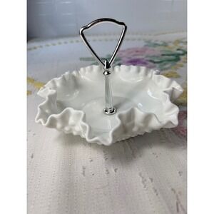 Fenton Milk Glass Hobnail Bon Bon Dish with Silver Handle Ruffled Rim White